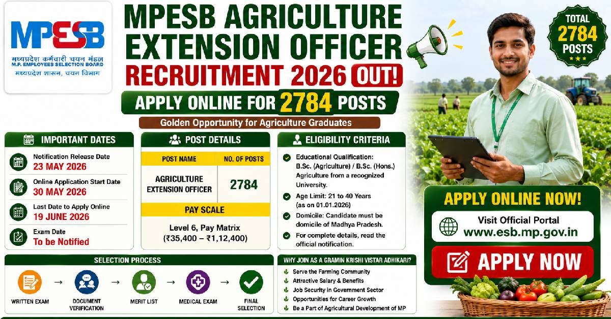 MPESB Agriculture Extension Officer Recruitment 2026 Apply Online for 2784 Posts